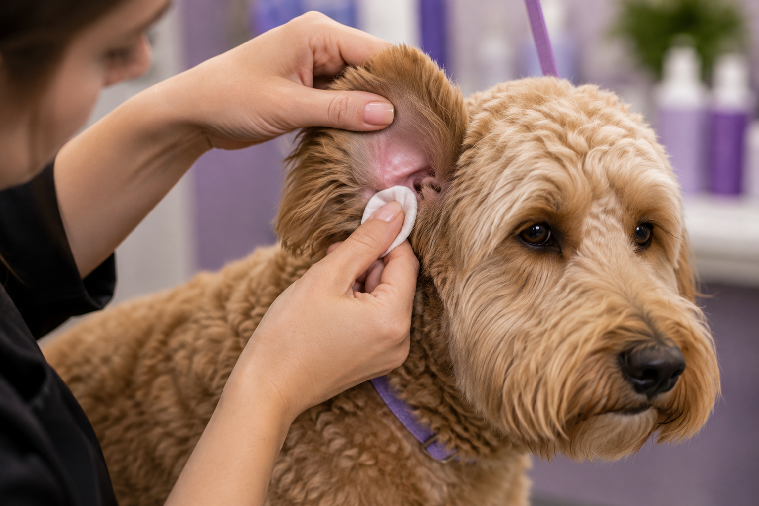 Professional ear cleaning for a dog.